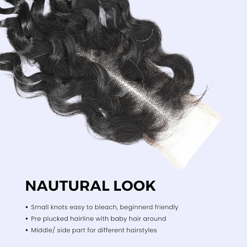 Water Wave Closure 20 Inch 2x6 HD Lace Closure Brazilian 12A Remy Human Hair Pre Plucked Transparent Lace Middle Part Wet and Wavy Closure with Baby Hair Natural Black Color Curly Extensions