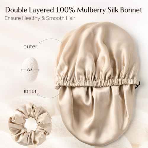 YANIBEST 22 Momme 100% Mulberry Silk Sleep Cap Silk Bonnet for Women - Natural Silk Sleeping Cap Hair Bonnet & Silk Scrunchies