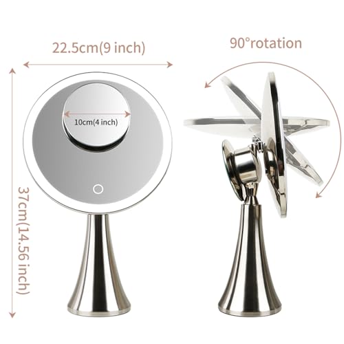 Surdy 9" Lighted Makeup Mirror, 5x/10x Dual Magnifying Mirror w/ 3 Color, Brightness Adjustable,360¡Æ Rotation, 4000 mAh Rechargeable, Women Gift, Vanity Mirror
