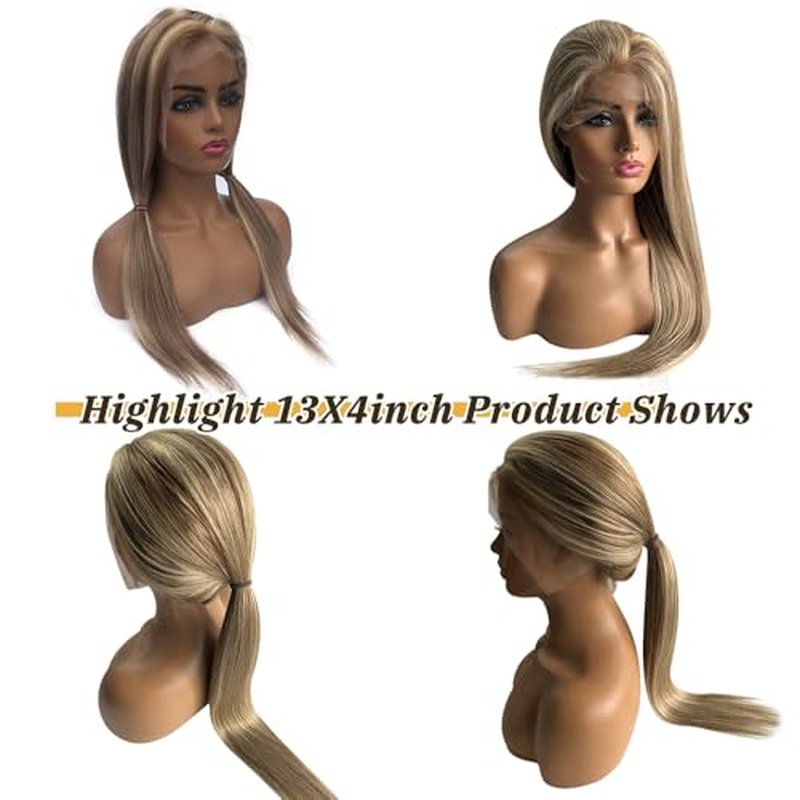 Highlight Colored Lace Front Human Hair Wigs 20Inch Ombre Ash Brown to Blonde Brazilian 150% Density Glueless Highlights 13x4 Transparent Lace Front Wigs Human Hair Pre Plucked for Women(#8/18/60)
