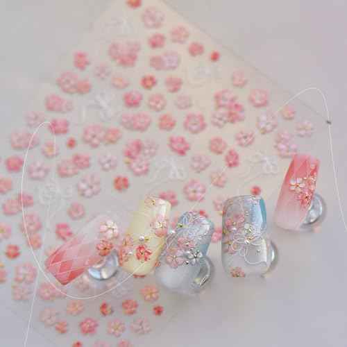 5D Embossed Pink Flower Nail Stickers Self-Adhesive Spring Summer Nail Art Stickers White Bow with Cherry Blossoms Gold Glitter Design Nail Art Supplies Floral Nail Decals for Women Acrylic Nails