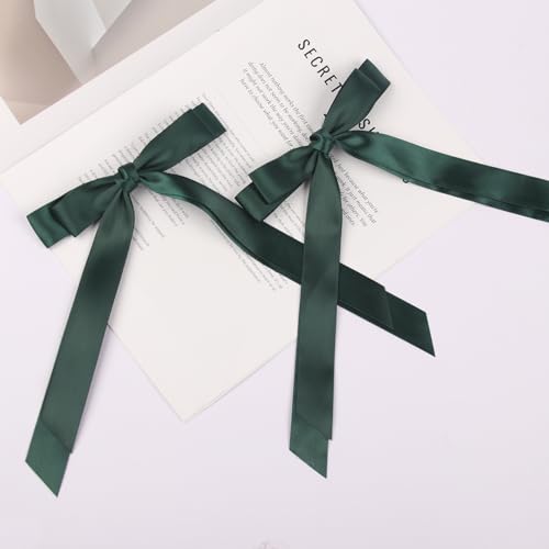 Totelux Green Bow Hair Clips Silky Satin Hair Ribbon Ponytail Holder Hair Bows with Long Tail Bowknot Hair Barrette for Women Girls Hair Accessories 2Pcs