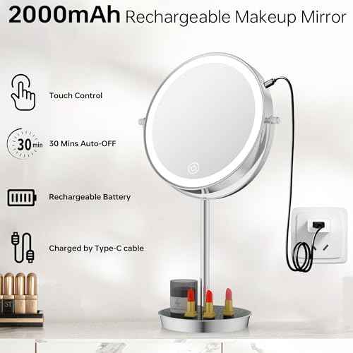 8" Lighted Makeup Mirror with 3 Color Lights and 1X 10X Magnification, Magnifying Vanity Mirror with Jewelry Holder and Storage Base, Dimmable,Touch Control, Chrome