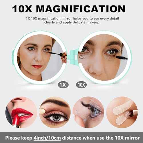 6.3 Inch Rechargeable Folding 10x Magnification Double Sided Makeup Mirror with Lights, Portable Travel Mirror for Women with Nearsightedness | Travel Essentials for Women