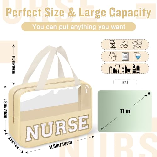 Nurses Week Gifts Chenille Letter Clear NURSE Makeup Bag for Women,Preppy Nurse Cosmetic Pouch Zipper with Handle Nurse Essentials Bag for Work Supplies,Labor and Delivery Nurse Gifts(NURSE-Beige)