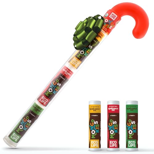 Eco Lips Novelty Plastic Candy Cane Gift Set for Holidays & Christmas Gifts, Stocking Stuffers | Mongo Kiss Organic Lip Balm 3-count Gift Set