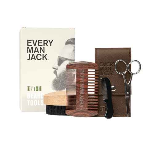 Every Man Jack Beard Grooming Tool Set - Dual Tooth Comb, Medium Stiffness Brush, Stainless Steel Sheers with Mini Comb - Complete Your Routine, Travel Friendly