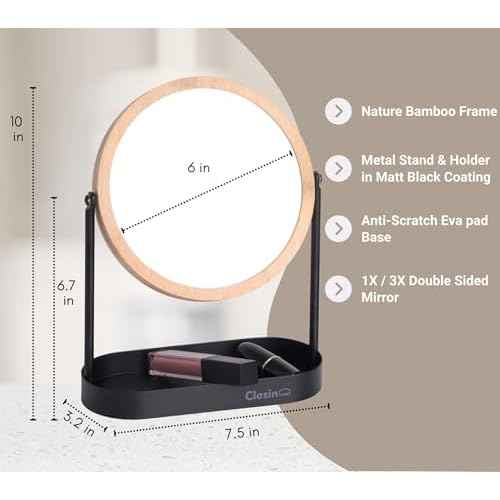 Bamboo Makeup Mirror with Storage, Double Sided Vanity Mirror 360¡Æ Rotation, 1X 3X Magnifying Table Mirror for Desk, Bathroom, Bedroom, Dressing Table