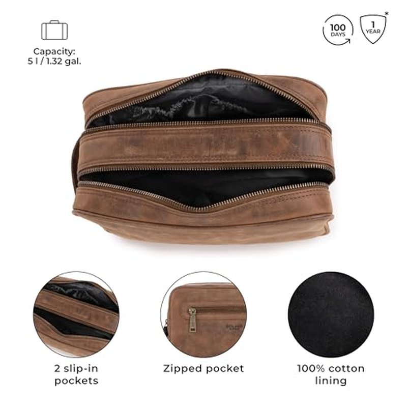 BERLINER BAGS Vintage Genuine Leather Toiletry Bag Max 2, Two Zippered Compartments, Large Capacity Cosmetics Bag for Men and Women for Travel - Brown