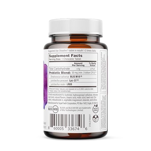 SuperTeeth Chewable Dental Probiotic for Kids & Adults | Supports Healthy Teeth & Gums | Oral Health | Fights Bad Breath | BLIS M18 | 60 Strawberry Flavored Tablets | Fluoride & Sugar Free | Vegan
