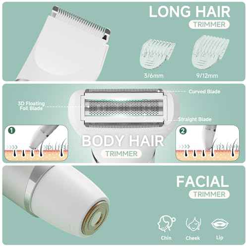Bikini Trimmer for Women, 3 in 1 Electric Shaver for Womens,Painless Personal Body Hair Groomer,Smooth Hair Trimmer for Legs Body Facial Hair, IPX7 Waterproof