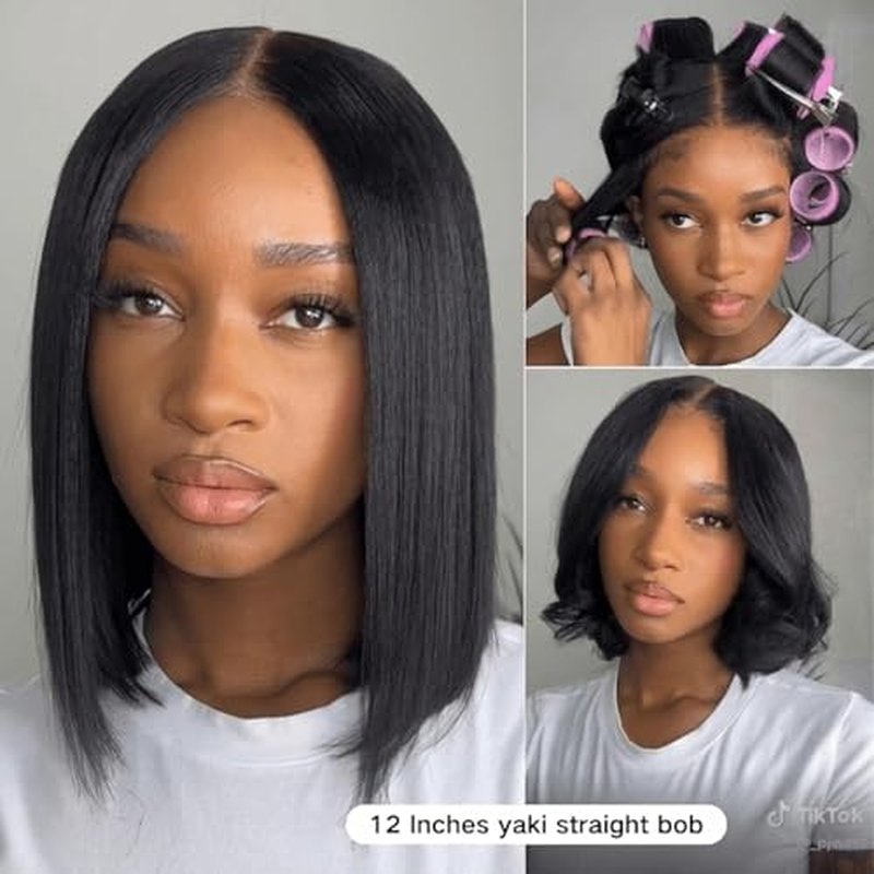 Julia Hair 10 Inch Light Yaki Straight Bob Wig 100% Human Hair Glueless Bye Bye Knots 7x5 Hd Lace Pre Cut Plucked Short Wig Natural Color Straight Bleached Knots Side Part Black Wigs