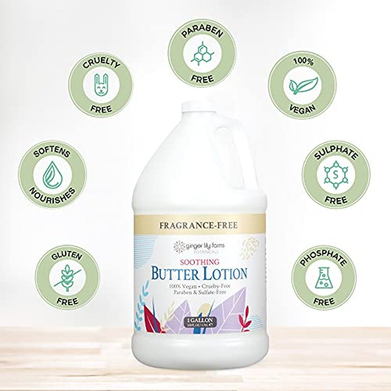 Ginger Lily Farms Botanicals Soothing Butter Lotion for Dry, Sensitive Skin, 100% Vegan & Cruelty-Free, Fragrance Free, 1 Gallon Refill (Pack of 4)