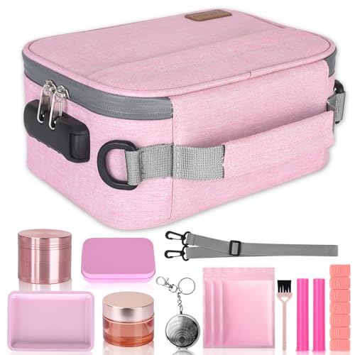 PODAHO Large Smell Proof Bag with 10 Accessories, Premium Organizers Box Case with Combination Lock, Portable Containers Pouch, Great Gift for Women, (Pink Set)