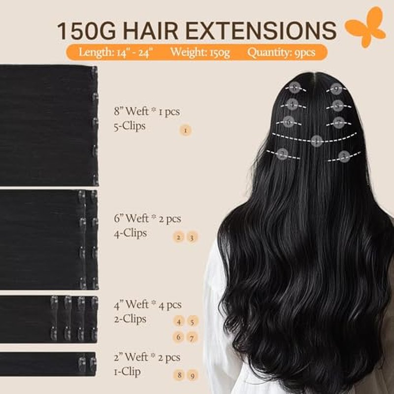 DOORES Clip in Hair Extensions Real Human Hair, Jet Black 150g 9pcs 20 Inch, Human Hair Extensions Remy Hair Extensions Human Hair Clip in Straight Thick Extensions Human Hair Natural