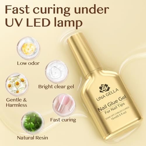 UNA GELLA 6 in 1 Gel Nail Glue for Clear Acrylic Nails Tips, 15ml UV Nail Glue Long Lasting Super Strong Brush for Base Coat, Clear Fake Nails, and Soft Gel Tips Lamp Curing Required