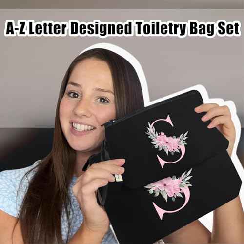 Vavabox A-Z Personalized Makeup Bag, Birthday Gifts for Women Mom, Gifts for Best Friend, Bride Bridesmaid Cosmetic bag (S, 04-Black Set)