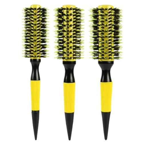 3 in 1 Ceramic & Ionic Bristle Round Barrel Hair Brush Set for Women & Men - Professional Styling, Blow Drying, Curling with Boar Bristle Brush & Scalp Comb (Yellow)