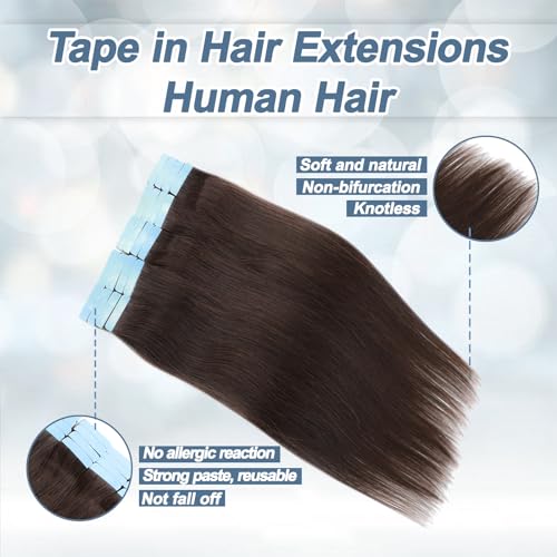 Tape in Hair Extensions Human Hair 100% Remy Hair 20pcs 50g/Pack Straight Seamless Invisible Skin Weft Extensions Easy to Apply and Style (#2 Dark Brown, 20 Inch)