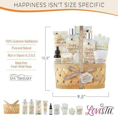 Mothers Day Gifts Bath & Body Spa Gift Basket for Women, Best Gift for Mother's Day & Birthday, White Rose Set Body Lotion, Shower Gel, Bubble Bath, Bath Salt, Towel, Soap, Oil, Candle, Gloves,