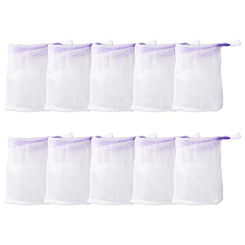 Leadigol 10PCS Face Cleansing Foaming Nets, Mesh Soap Pouch, Bubble Foam Double Layer Net Soap Sack Saver Pouch, White Pouch with Drawstring, Drawstring Holder Bags
