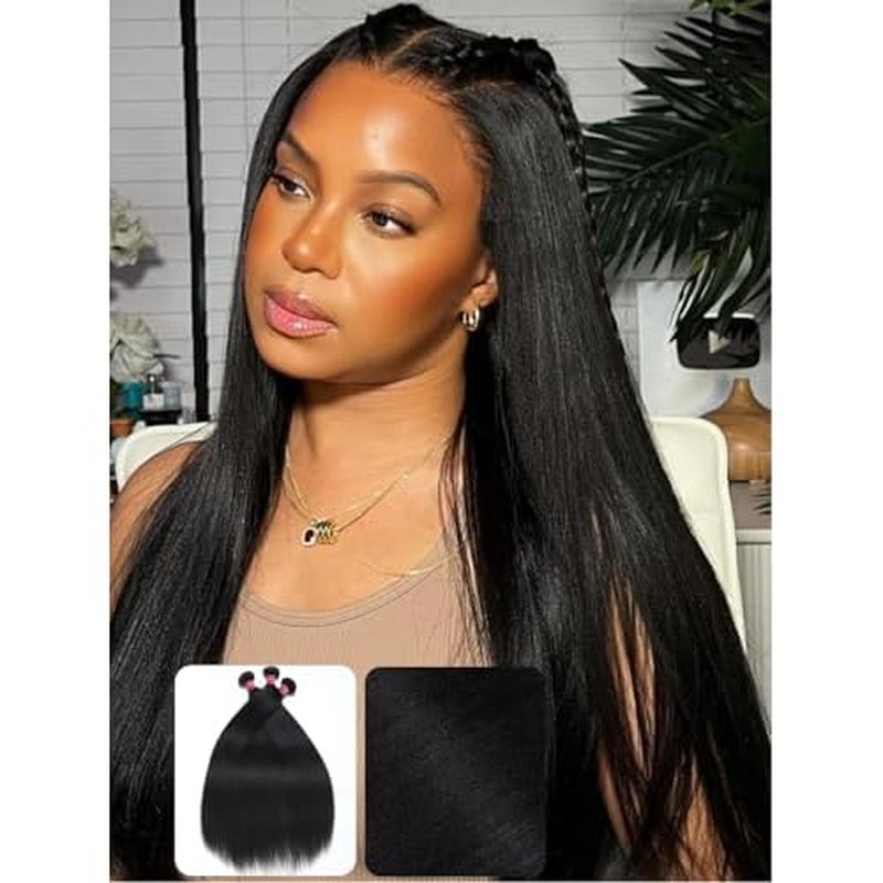KLAIYI Yaki Straight Bundles Human Hair Weaves Unprocessed Real Virgin Hair Sew In Extensions 3 Bundles 8 10 12 Inch, 12A Kinky Straight Double Wefts for Women Cllip In Light Yaki Natural Black Color