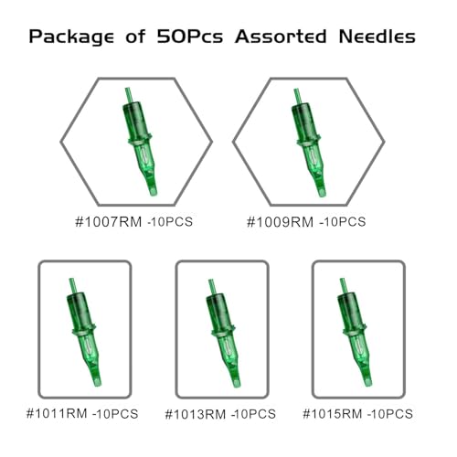 Glide 50pcs Assorted Tattoo Cartridge Needles - Disposable #10 Bugpin Curved/Magnum Tattoo Cartridge Needles with Membrane, Mixed Sizes 7RM 9RM 11RM 13RM 15RM for Rotary Tattoo Machine Pen