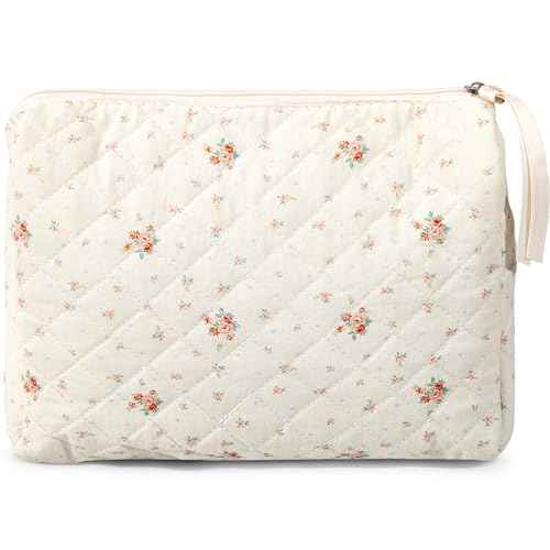 Makeup Bag Large Travel Quilted Cosmetic Makeup Bag Organizer, Floral Cotton Coquette Aesthetic Toiletry Bag for Women Girls (Garden Floral)