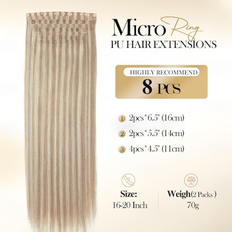 Invisible PU Hole Weft Human Hair Extensions Seamless Skin Weft Bead Hair Extensions for Women Dual-Use Tape in Weft Hair Extension 8PCS 70g 18/613 Highlight Blonde Real Human Hair (8Pcs,18 Inch)