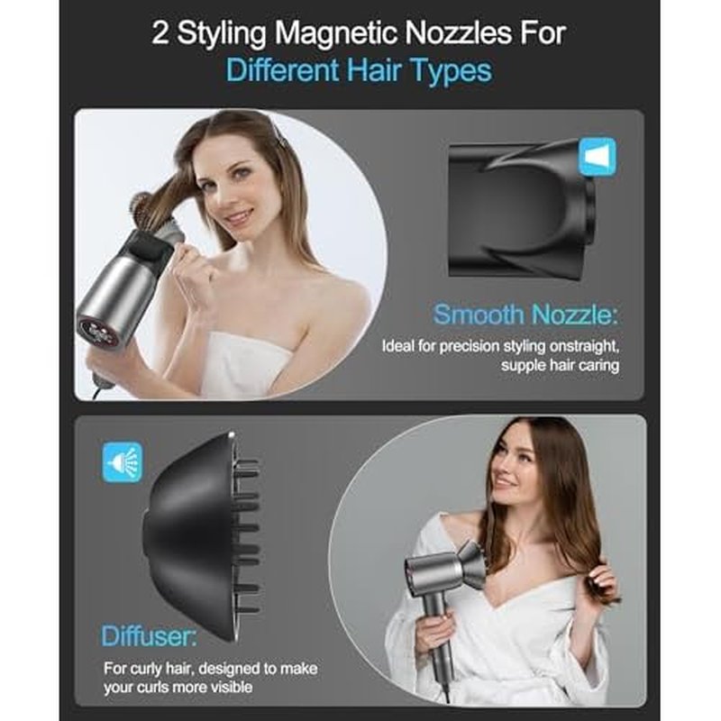 Hair Dryer - Negative Ionic Blow Dryer with 150000 RPM High Speed Brushless Motor for Fast Drying, Low Noise, HD Display Hair Dryer with Diffuser and Nozzle, 5 Temps & 2 Speeds