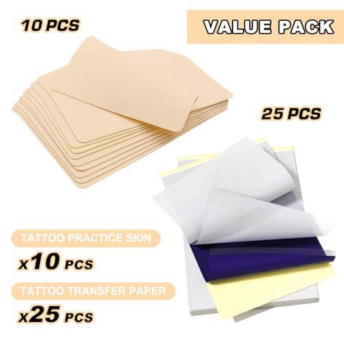 Tattoo Practice Skins with Transfer Paper - 35Pcs Fake Skin and Stencil Paper Kit Includes 25Pcs Tattoo Paper and 10Pcs Double Sided Practice Skins