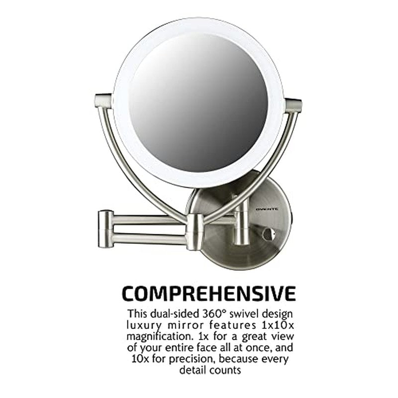 Ovente 7.5" Lighted Wall Mount Makeup Mirror, 1X & 10X Magnifier, Spinning Double Sided Round LED w/ Dimmer Switch, Extend, Retractable & Folding Arm, Battery USB Powered Nickel Brushed MLW75BR1X10X