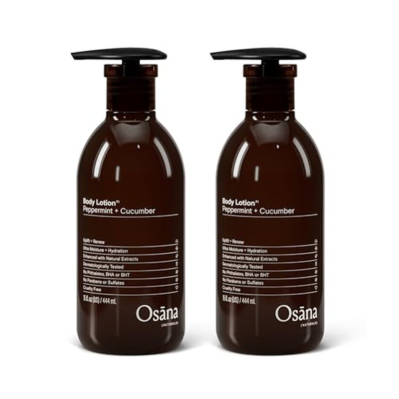 Osana Body Lotion Moisturizer for Dry Skin with Shea Butter & Coconut Oil, Peppermint & Cucumber Scented, 15oz Dual Pack