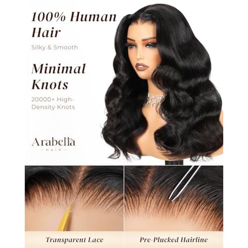Arabella 6x6 Wear and Go Glueless Wig 12a Glueless Wigs Human Hair Pre Plucked Pre Cut Loose Body Wave Only Middle Part Lace Front Wigs Human Hair 100% Pre Bleached Knots Wig (20inch, 6X6 Body Wave)