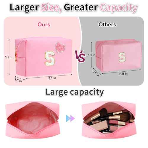 Personalized Initial Makeup Bag with Bling Heart Preppy Cosmetic Bag Cute Toiletry Travel Bag For Teen Girls Women Letter Makeup Pouch Purse for Holiday Birthday Christmas Gifts (A, Pink)