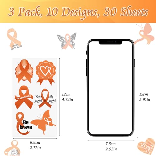 WANDIC 30 Sheets Orange Ribbon Temporary Tattoos, Leukemia Awareness Tattoo Sticker Lymphoma Kidney Cancer Awareness Stickers for Charity Eveny