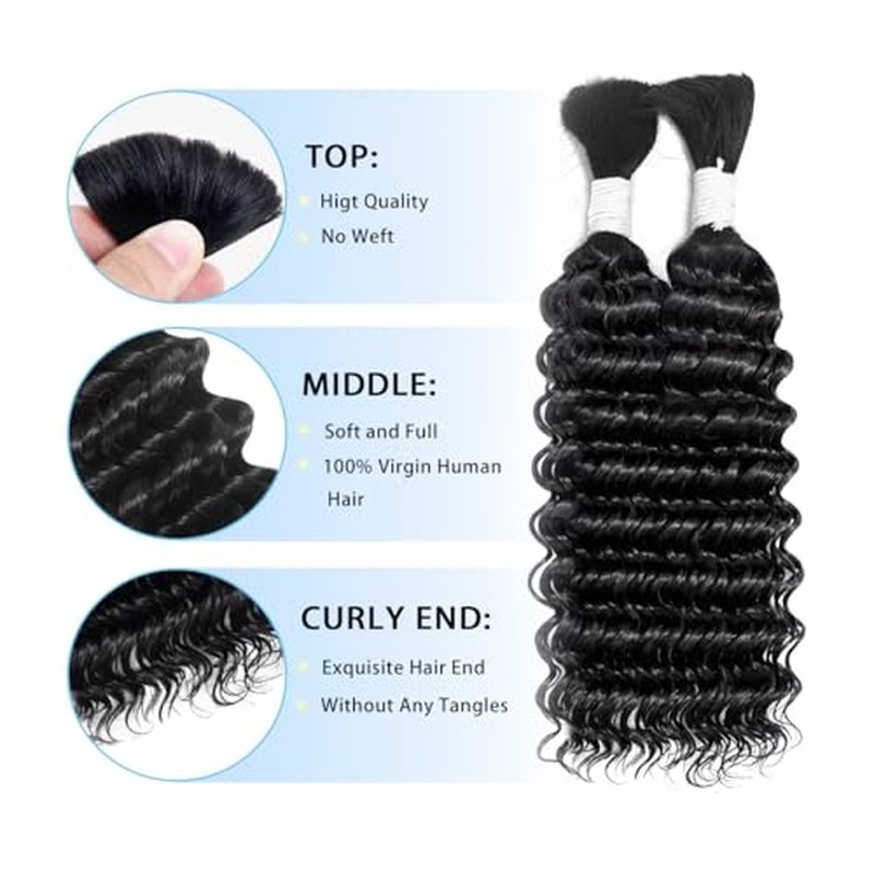 Human Braiding Hair for Boho Braids 100g 20 Inch Deep Wave Bulk Human Hair 100% Unprocessed 12A Brazilian Virgin Boho Hair for Braiding Knotless 2 Bundles/Pack Natural Color