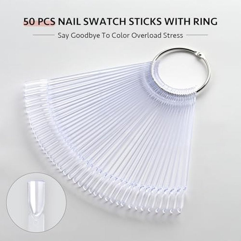 GAOY Nail Swatch Sticks with Ring, 50 Pcs False Nail Sample Swatches with Numbers Stickers, Fan-shaped Practice Color Display for Home or Salon Use