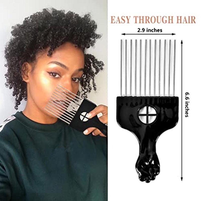 2 Pack Hair Picks for Afro, Curly Hair Styling - Metal Hairdressing Tools for Women and Men (Black)