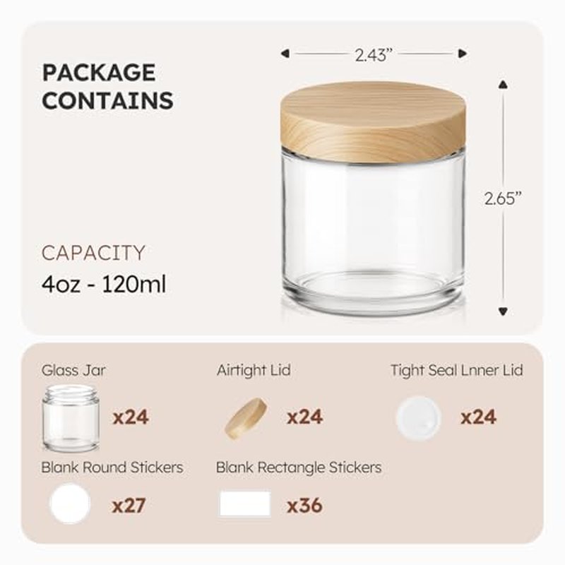 4 oz Glass Jars with Lids, 24 Pack Clear Small Glass Jars with Woodgrain Lids Leakproof Round Airtight Empty Cosmetic Travel Containers with Inner Liners For Lotions Powders and Candle Making