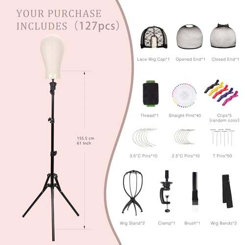 22'' Canvas Wig Head with 61'' Adjustable Tripod Stand, Mannequin Head Set for Styling, Display ? Includes Caps, Elastic Bands, Stand & Tool Kit for Beginners and Professionals