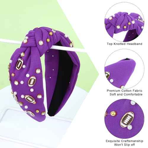 YARIEW Football Headband for Women Pearl Rhinestone Jeweled Knotted Headband Fashion Headband Wide Game Day Sports Hair Accessories Gift for Football Mom Fans Christmas (Purple)