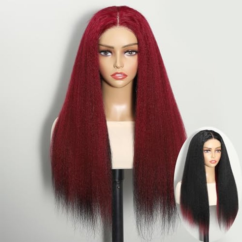Wear and Go Glueless Wigs Human Hair Pre Plucked Pre Cut Double Wear Wig Kinky Straight 4x4 HD Lace Yaki Straight Human Hair Wigs for Black Women 180% Density 28 Inch (Red and Black)