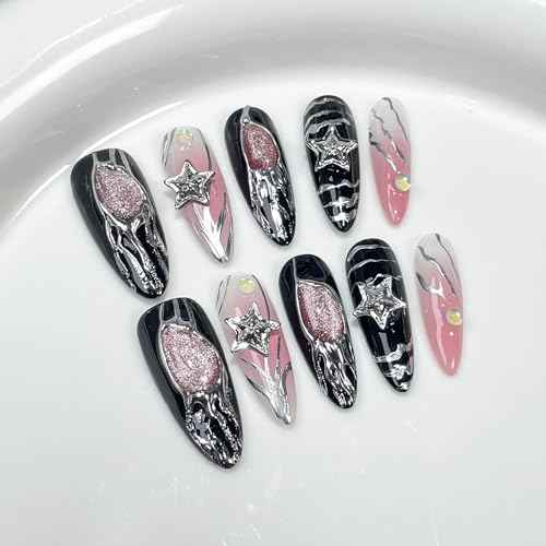 Wsliana Handmade Press On Nails - Y2K Cool Girl Design, Suitable for Women and Girls, Long Almond Shape, 10pcs Glue On Acrylic Fake Nails with Storage Box | Salon Quality | Trendy Nail Kit (072, XS)