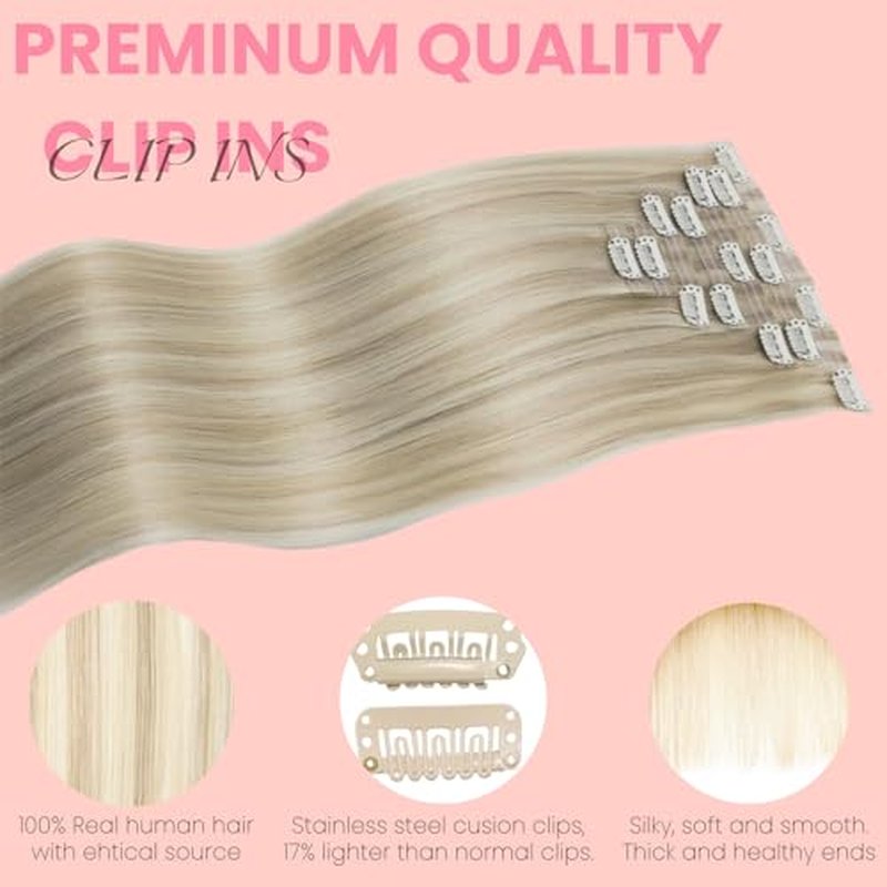 Clip in Extensions Real Human Hair 7pcs, Natural and Seamless 90g (Golden Blonde to Light Blonde, 14 inch)
