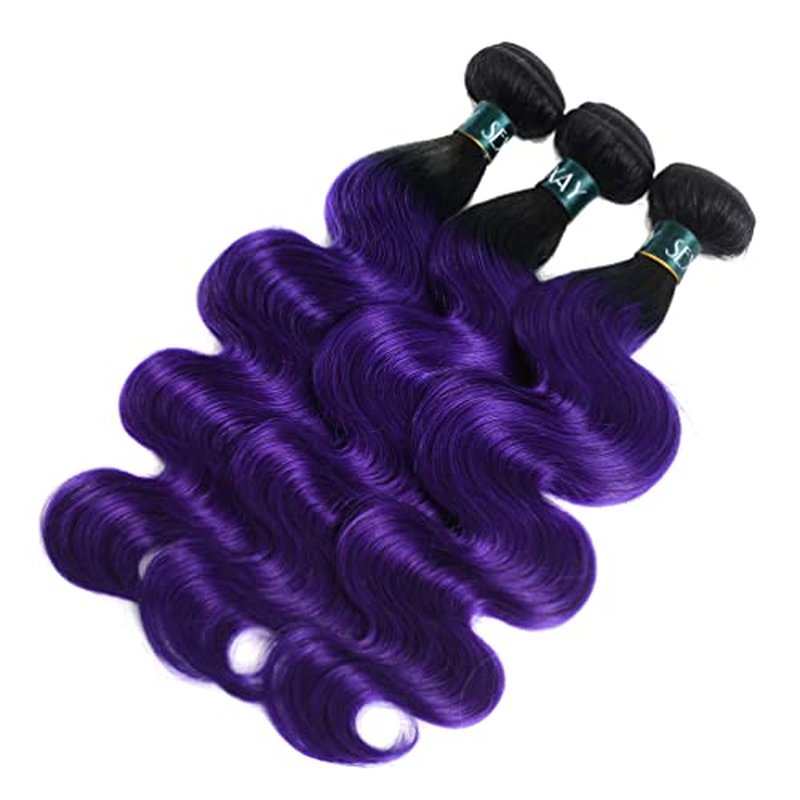Purple Bundles Body Wave Human Hair Weave 3 Bundles Virgin Hair, Brazilian Remy Hair Ombre 1b/Purple 2 Tone Ombre Hair Wavy For Women(141618)