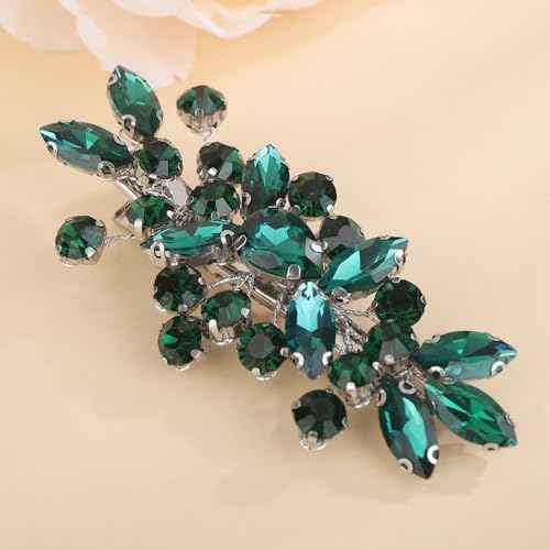 Teyglen Green Rhinestone Hair Clip Bridal Crystal Hair Barrette for Women Sparkly Hair Piece Wedding Hair Clips Hair Accessories for Women (Peacock green)