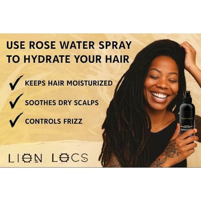 Lion Locs Rosewater Spray for Dreads and Locs - Organic Vegan Conditioner with Aloe, Oils, Vitamins, and Glycerin