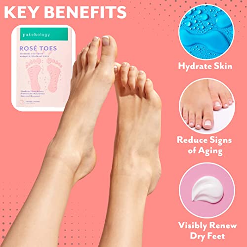 Patchology Ros? Toes Moisturizing Foot Mask ? Shea Butter & Strawberry Scented Booties for Dry, Cracked Feet, Disposable Spa Socks with Resveratrol for Soothing Foot Care, Self-Care Essentials