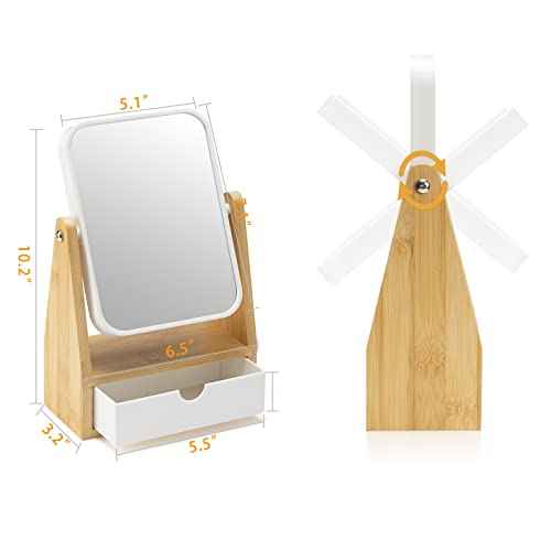 YEAKE Vanity Double Sided Magnifying Makeup Mirror with Storage, Adjustable Natural Bamboo Stand, Portable Desk/Table Mirror, Rectangular